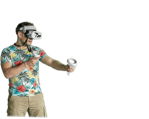 A Virtual Reality headset with VRcafe Haarlem logo laying on a beach
