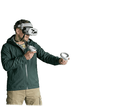 A man with a Virtual Reality headset weating a wind hoodie