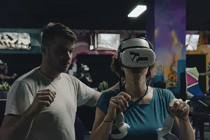 A group working together during a VR activity at VRcafe Haarlem