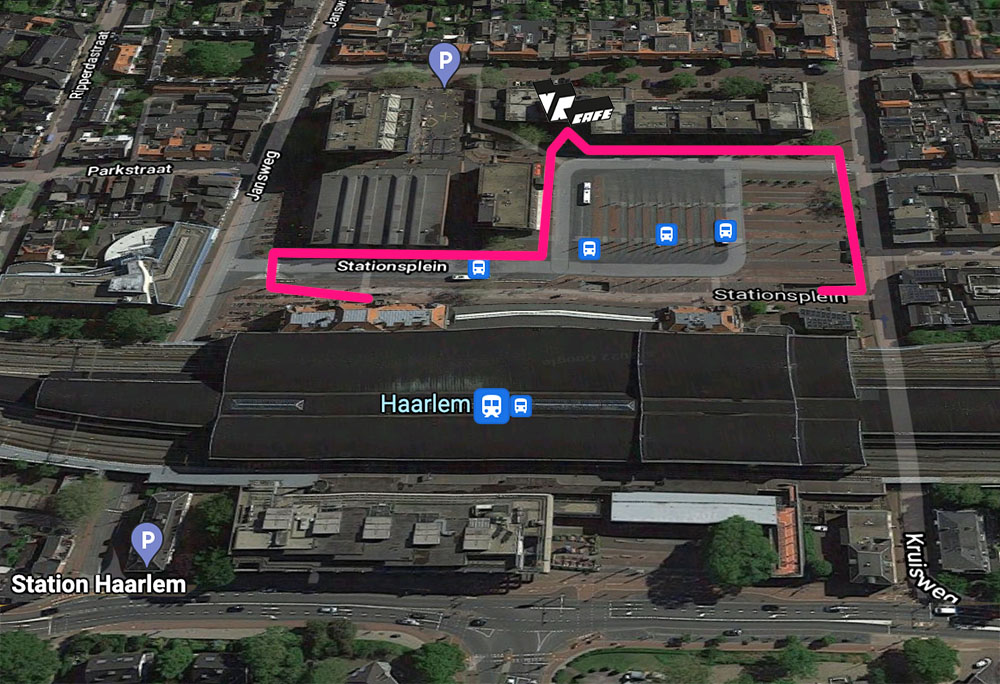 Contact - Route fiets - map van Haarlem Station met rode lijn